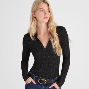 NWT Large Madewell Sparkle Long-Sleeve Polo Top BLACK
